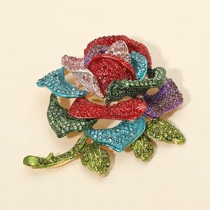 Colorful Rose Rhinestone Crystal 2.8 Inch Bling Green Flower Brooch Pin